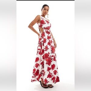 Abercrombie & Fitch Chase ONE Shoulder Cutout Split Maxi Lined Red-White Sz XLT